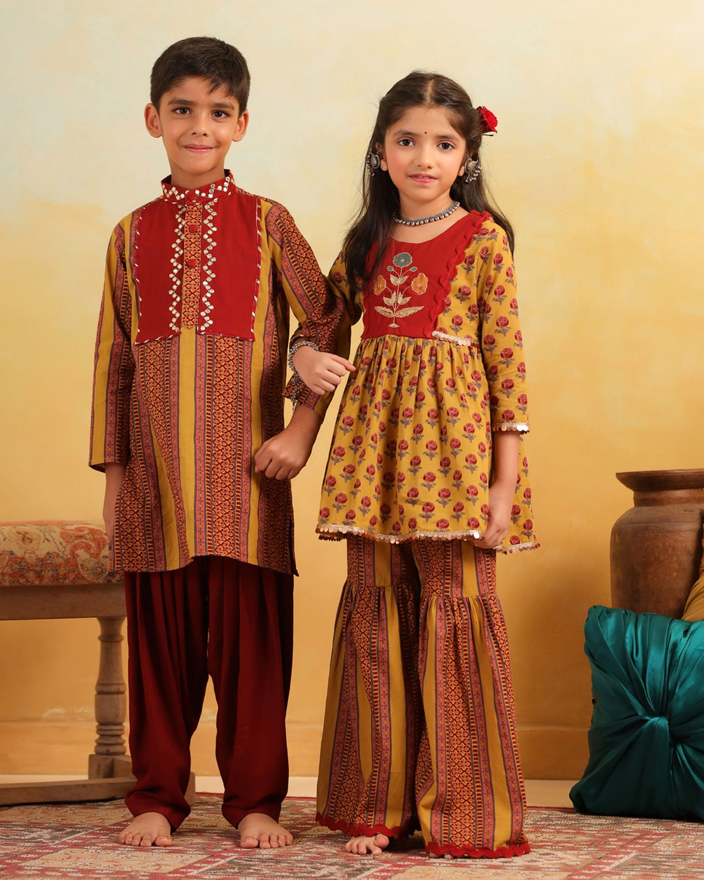 GIRL DHOLA MARU EMBROIDERED SHARARA SET-MUSTARD YELLOW