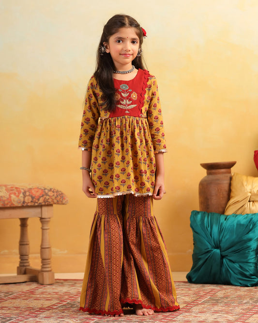 GIRL DHOLA MARU EMBROIDERED SHARARA SET-MUSTARD YELLOW