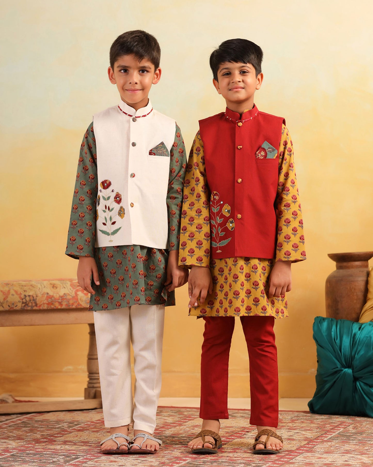 BOY DHOLA MARU EMBROIDERY BUNDY SET- BEIGE AND GREEN