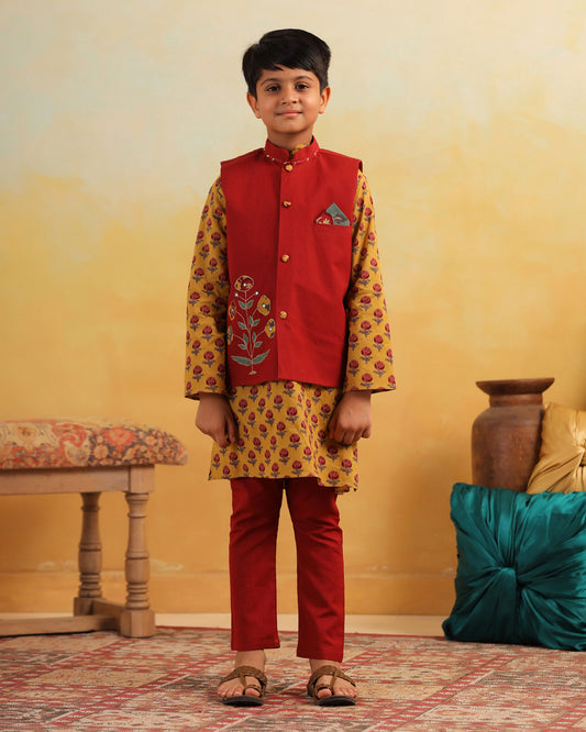 BOY DHOLA MARU EMBROIDERY BUNDY SET- MAROON AND MUSTARD