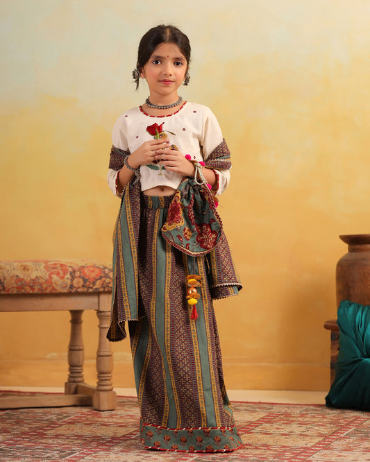 GIRL DHOLA MARU EMBROIDERED SKIRT SET-BEIGE AND GREEN