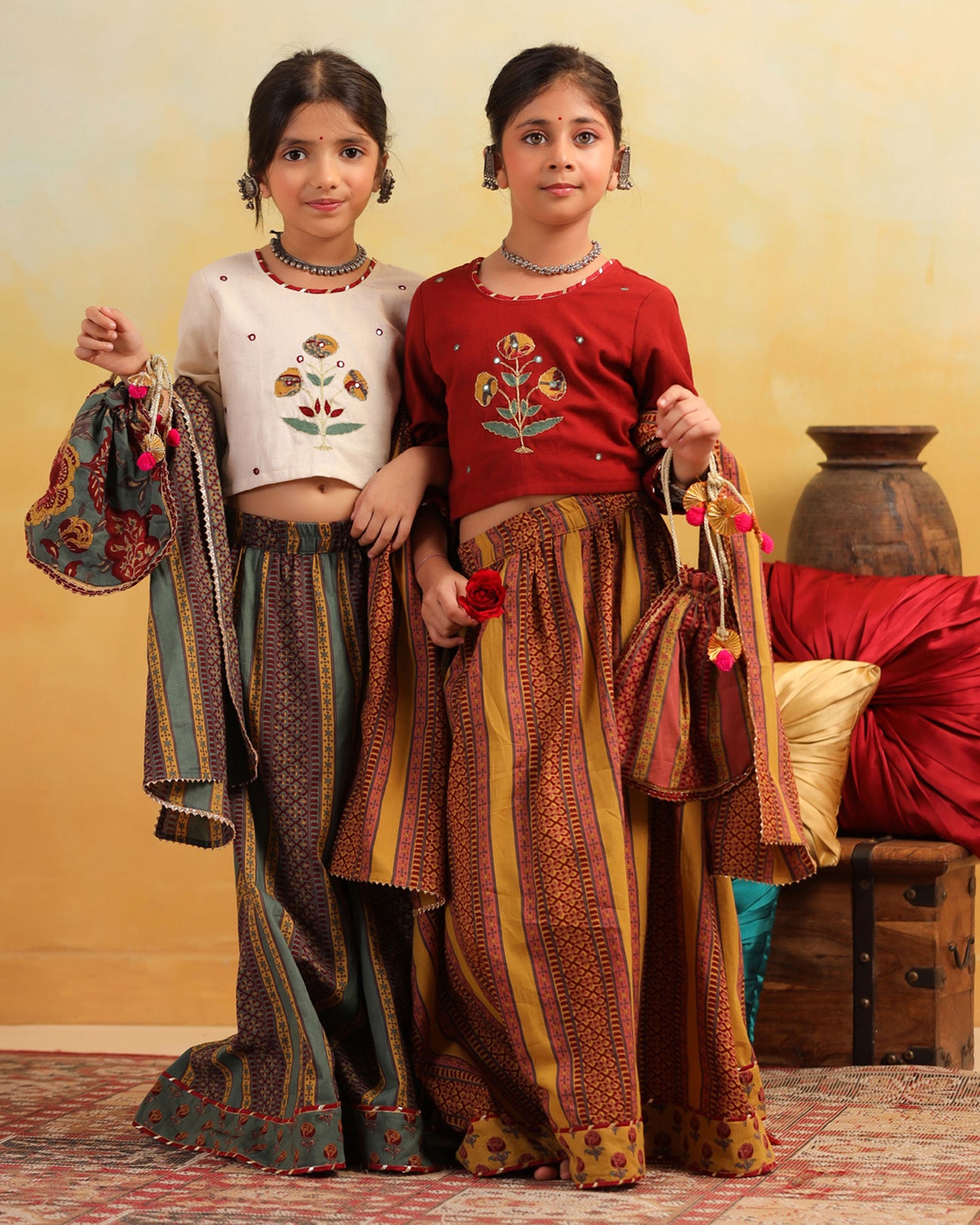 GIRL DHOLA MARU EMBROIDERED SKIRT SET-BEIGE AND GREEN