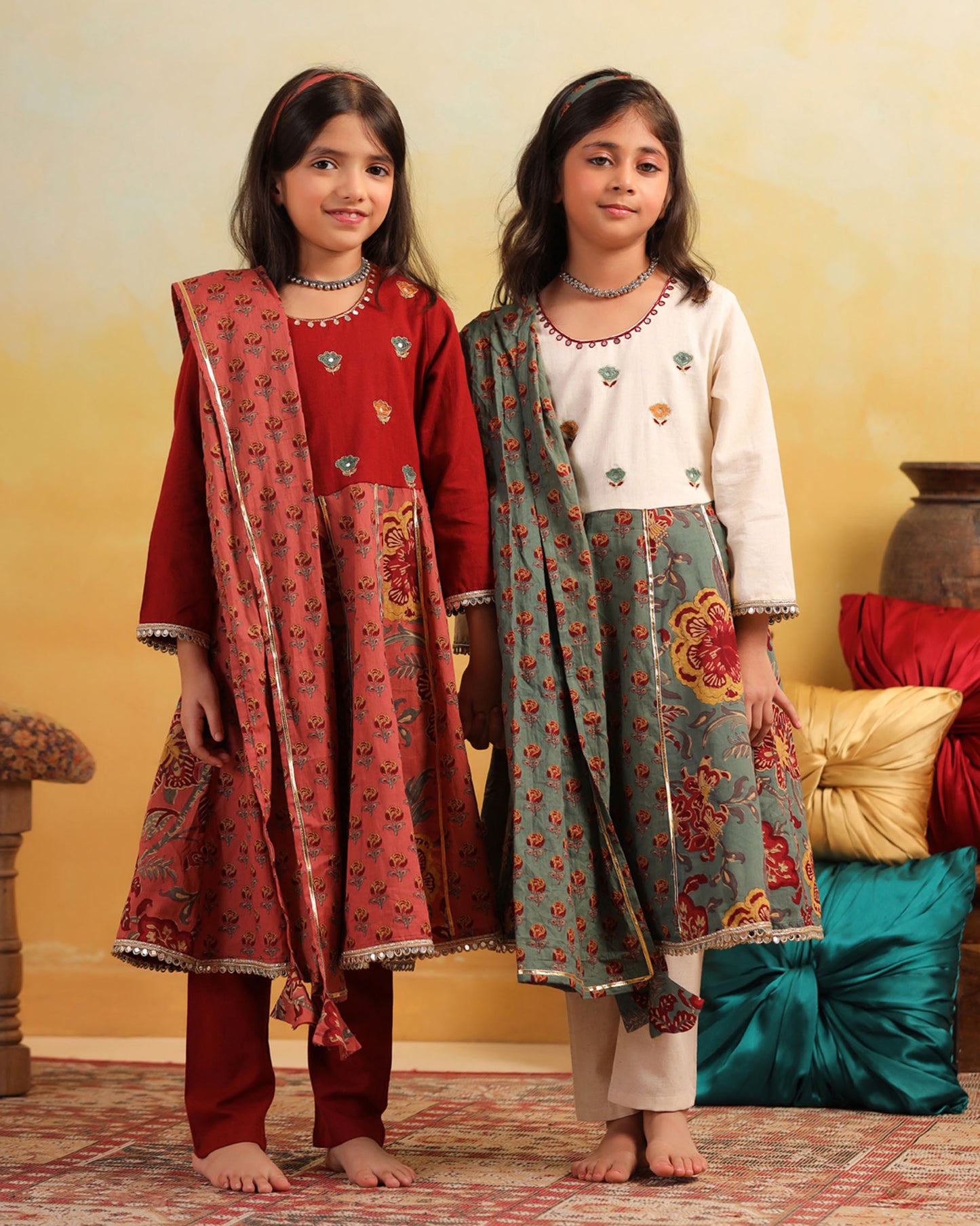 GIRL DHOLA MARU EMBROIDERED JAAL SUIT SET - GREEN AND BEIGE