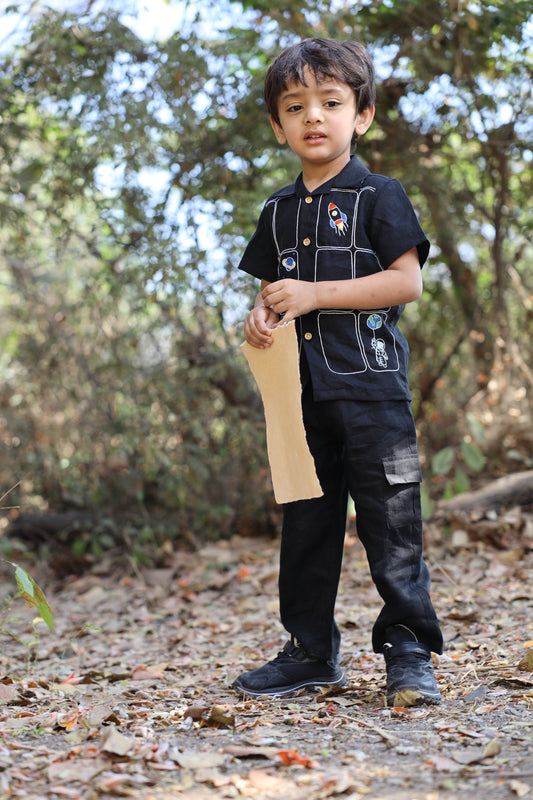 The Imperial Stars And Shuttles inspired Pure Linen Handwork Unisex Coord Set - Black