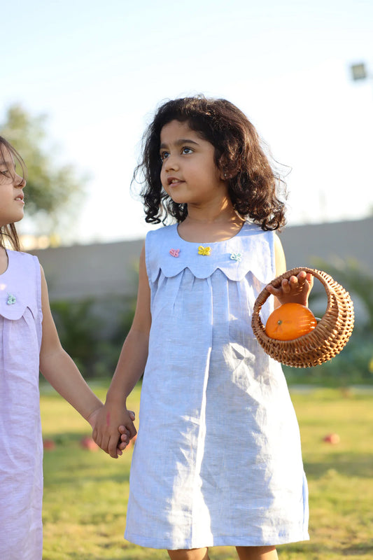 Whispering Butterflies Pure Linen Dress - Sky Blue
