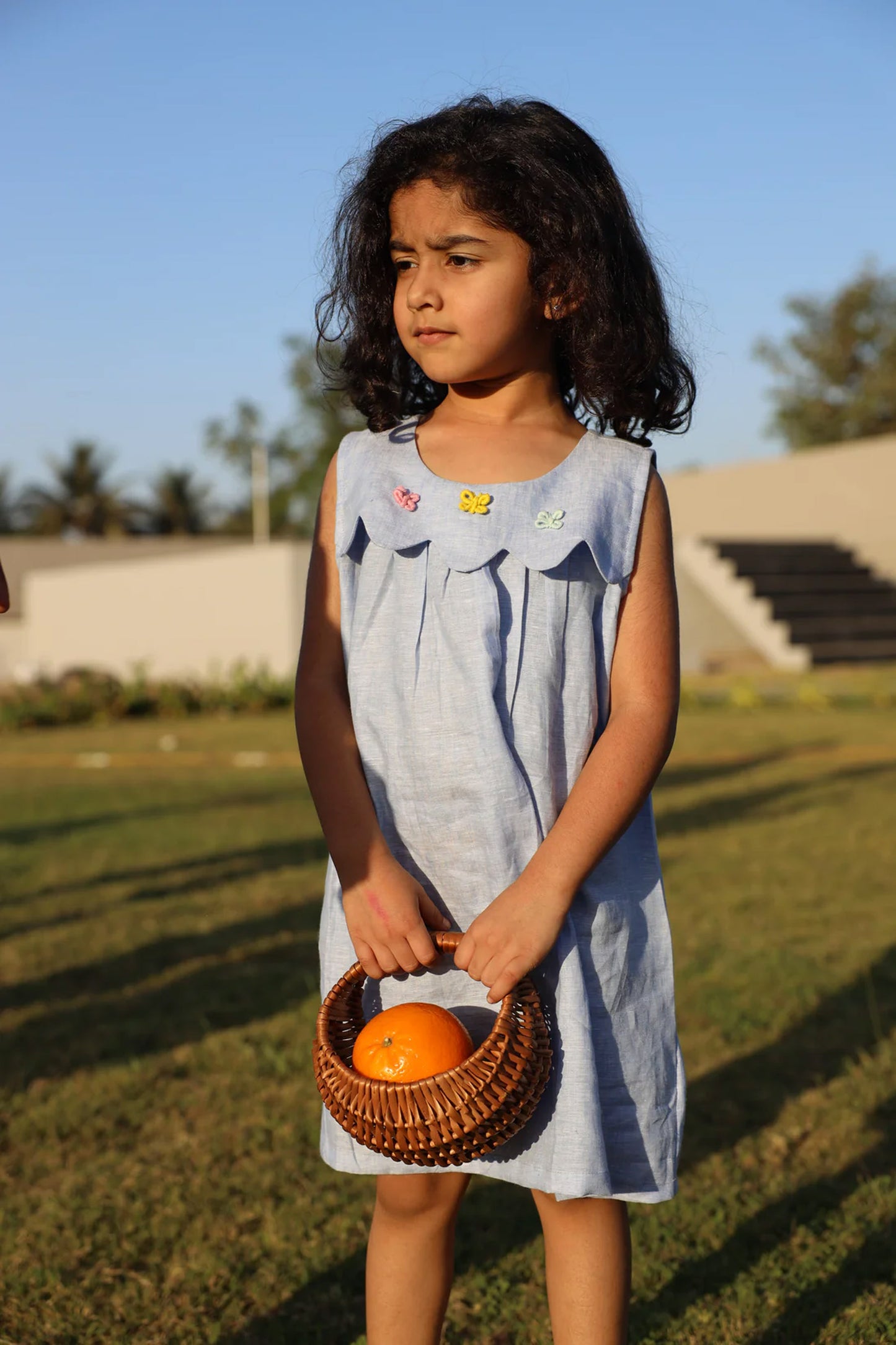 Whispering Butterflies Pure Linen Dress - Sky Blue