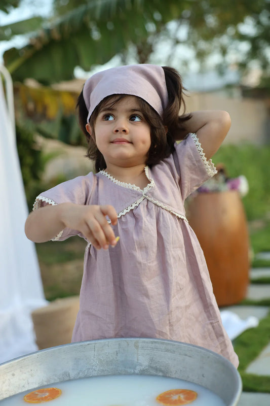 Lavender Blush Pure Linen Dress with Hair Tie Cloth