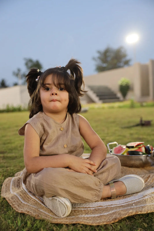 Pure Linen Sleeveless Top - Joggers style pants Coord Set - Brown