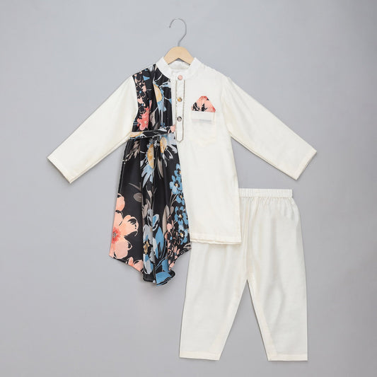 ASYMMETRIC PLEAT PRINT OFFWHITE BLACK KURTA PYJAMA