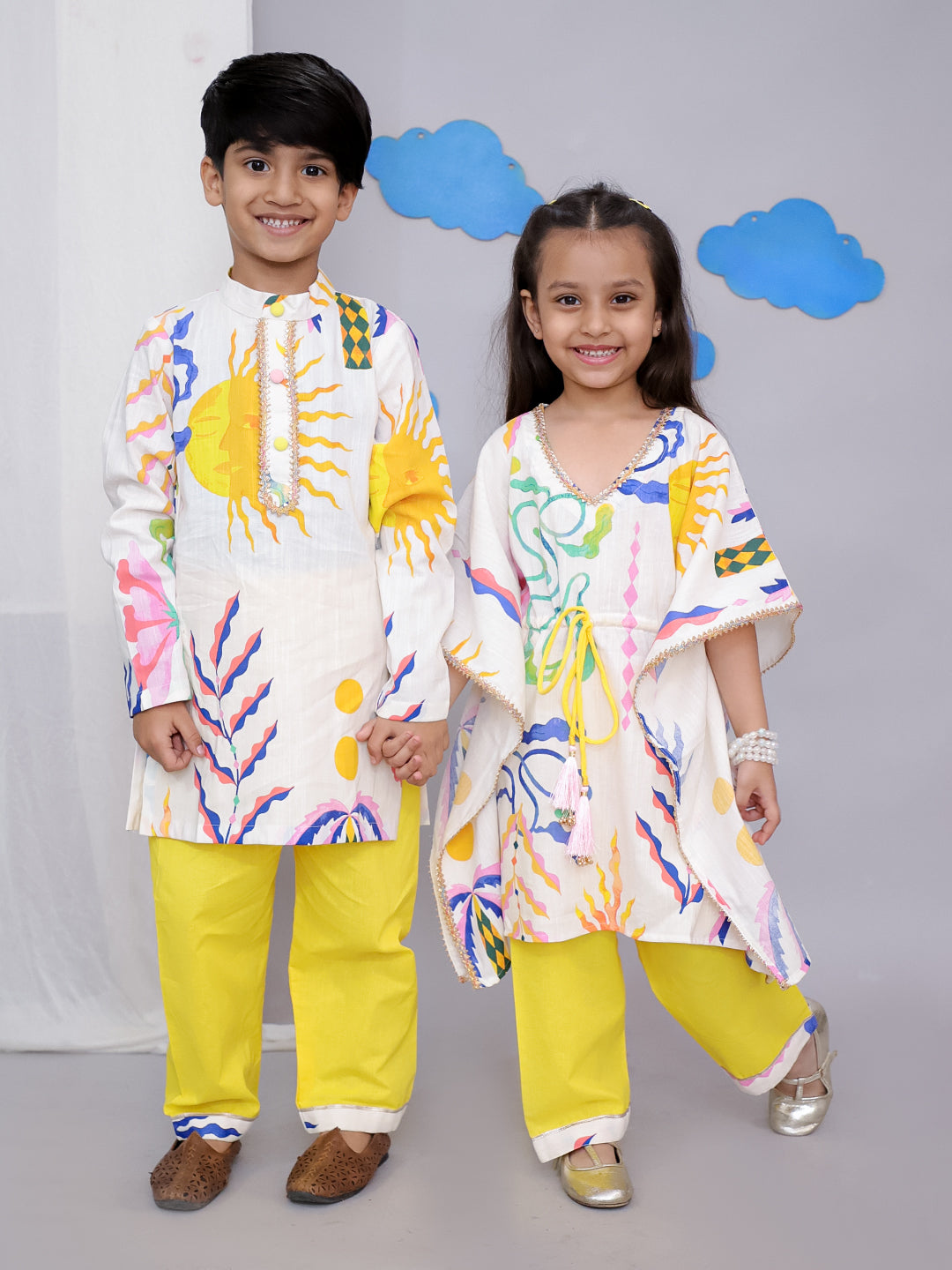 Yellow Sun Print Kaftan Kurta Set