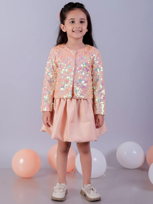 Glam up Peach Jacket with Skirt For Girls