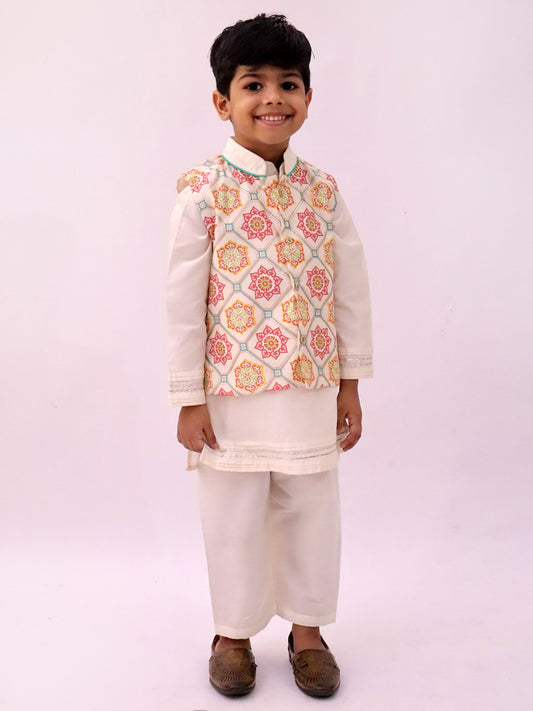 Mishti White Kurta Pyjama and Jacket For Boys