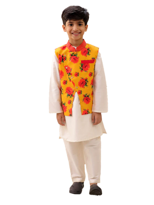 Genda Phool White Kurta and Pant with Mustard Jacket Set for Boys