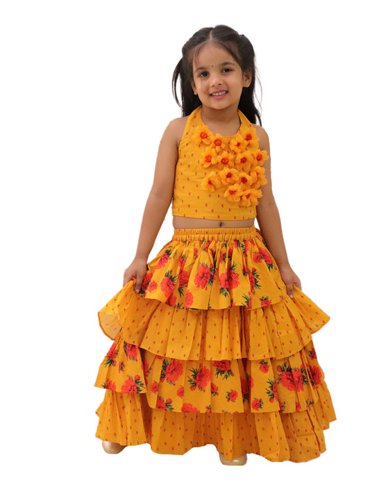 Genda Phool Mustard Choli and Lehanga Set For Girls