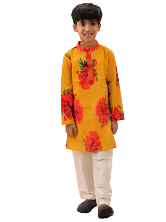 Genda Phool Mustard Kurta and White Pant Set for Boys