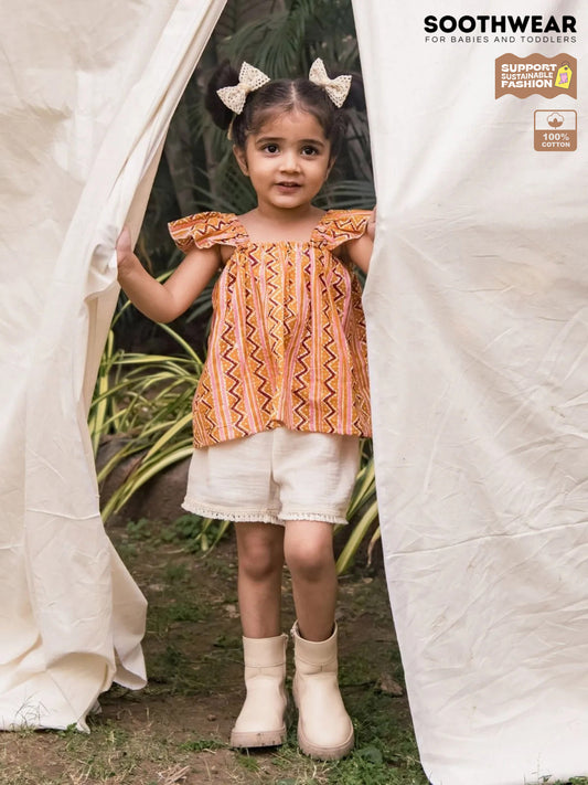 Breezy Bloom Cotton Co-Ord Set With Ruffled Sleeves