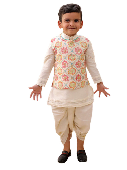 Mishti White Kurta Dhoti and Jacket For Boys
