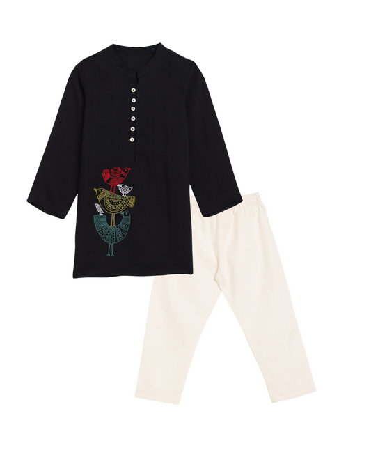 Three Little Threaded Birds Black Kurta Set
