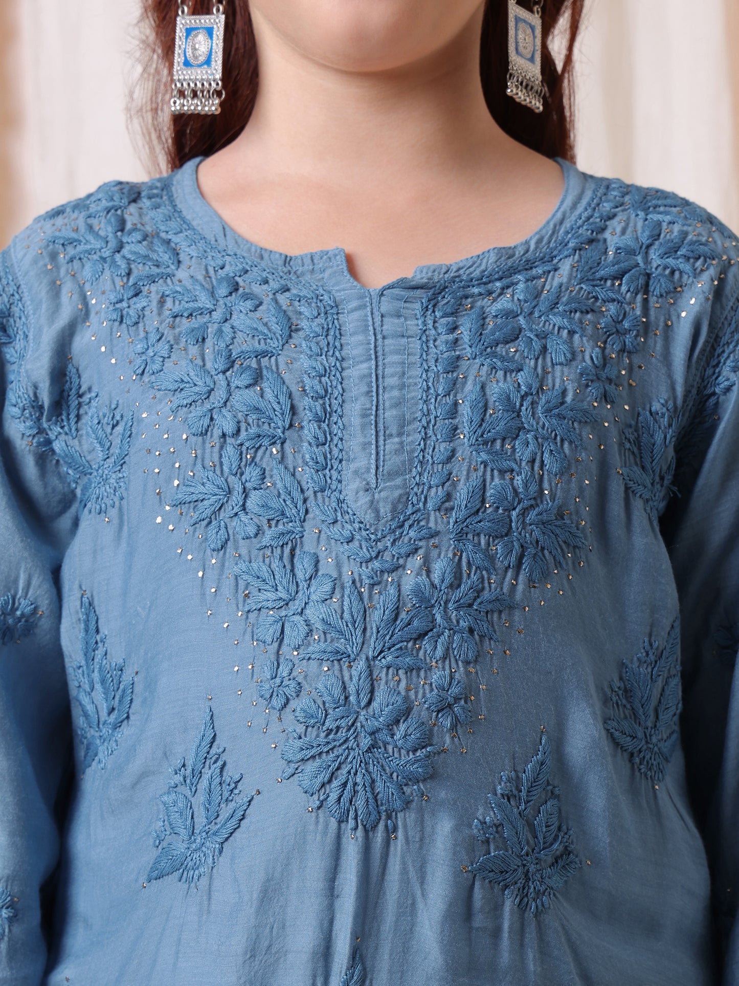 CHANDERI HAND EMBROIDERED CHIKANKARI KURTA SET- BLUE