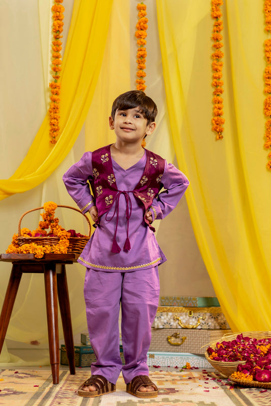 Purple Kurta Set with Embellished Waistcoat