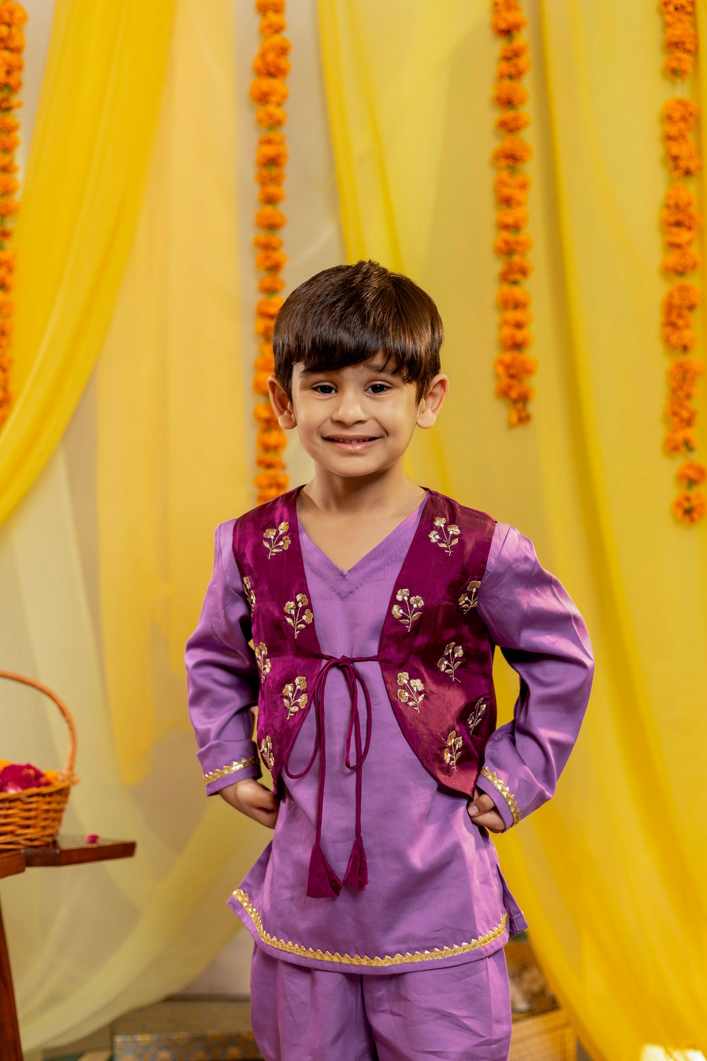 Purple Kurta Set with Embellished Waistcoat