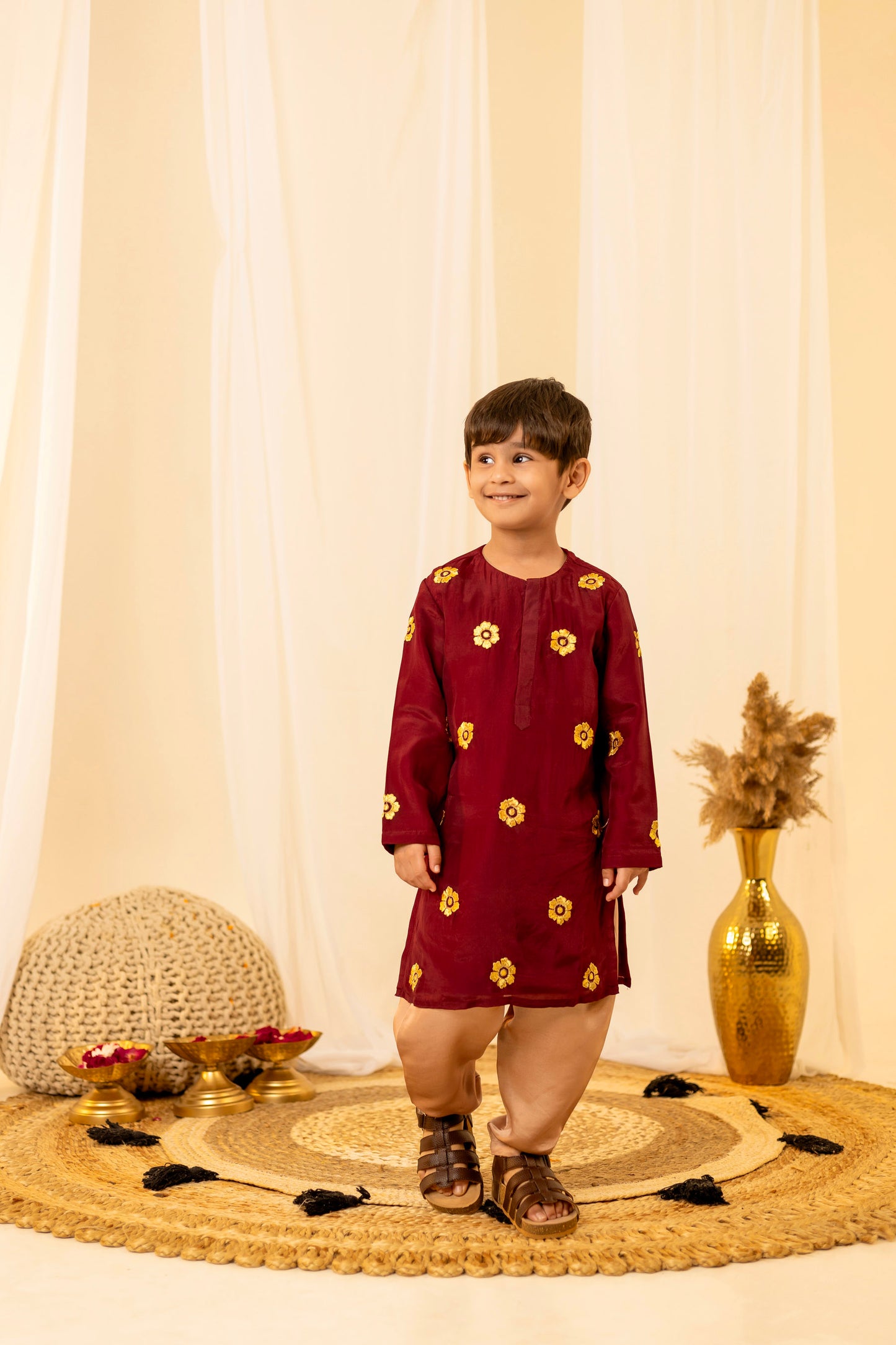 Maroon Kurta pyjama set with Golden Jacket