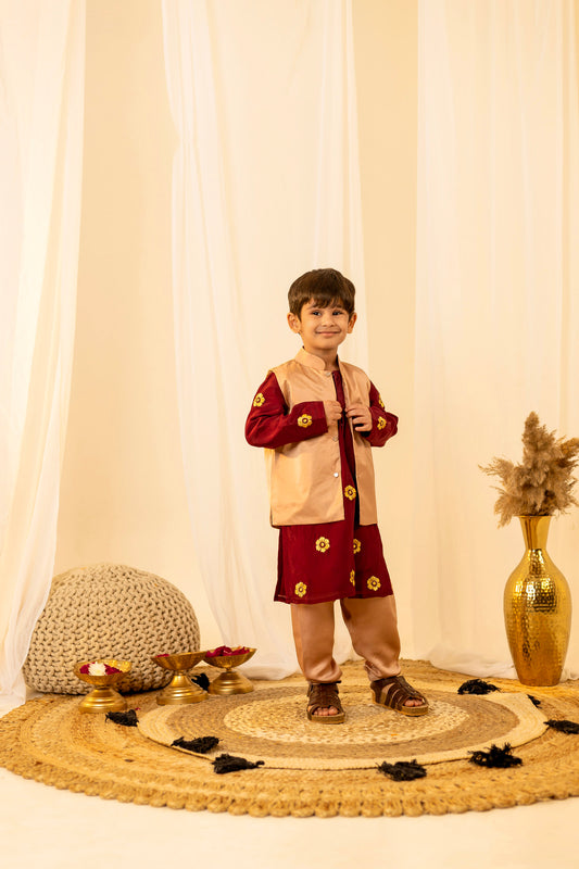 Maroon Kurta pyjama set with Golden Jacket