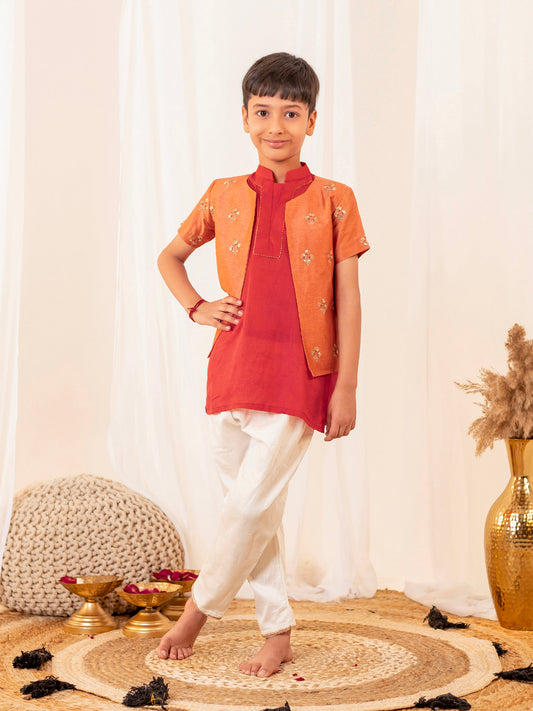 Orange Short Kurta with White Pajama