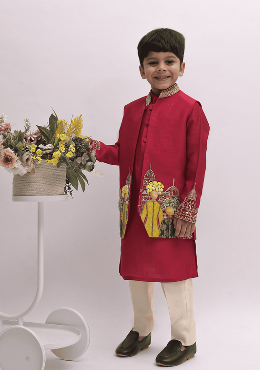 RED KURTA & IVORY PANT WITH JACKET