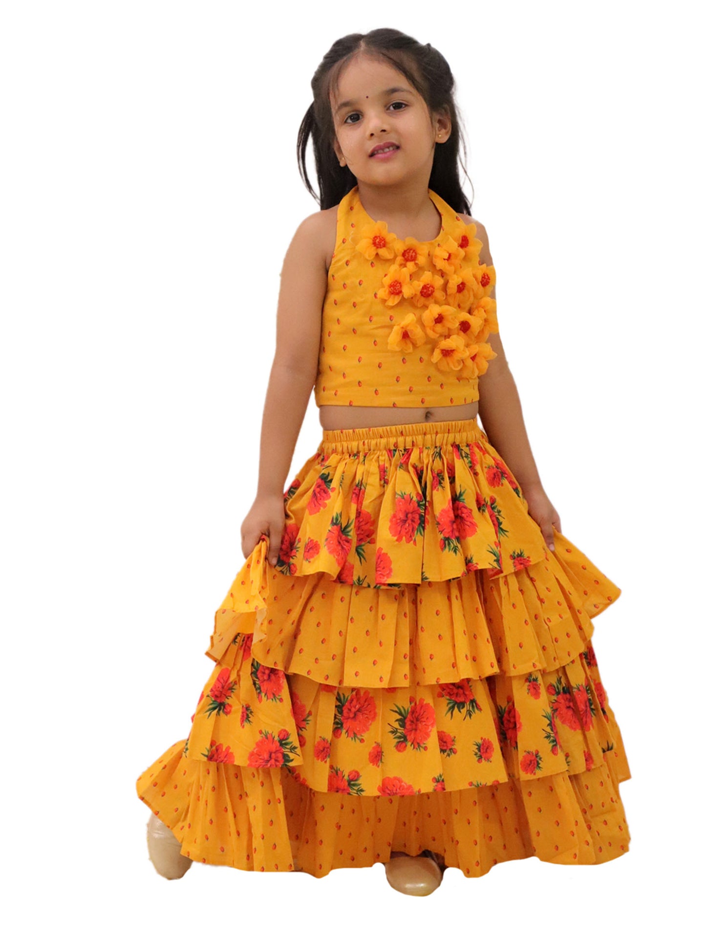 Genda Phool Mustard Choli and Lehanga Set For Girls