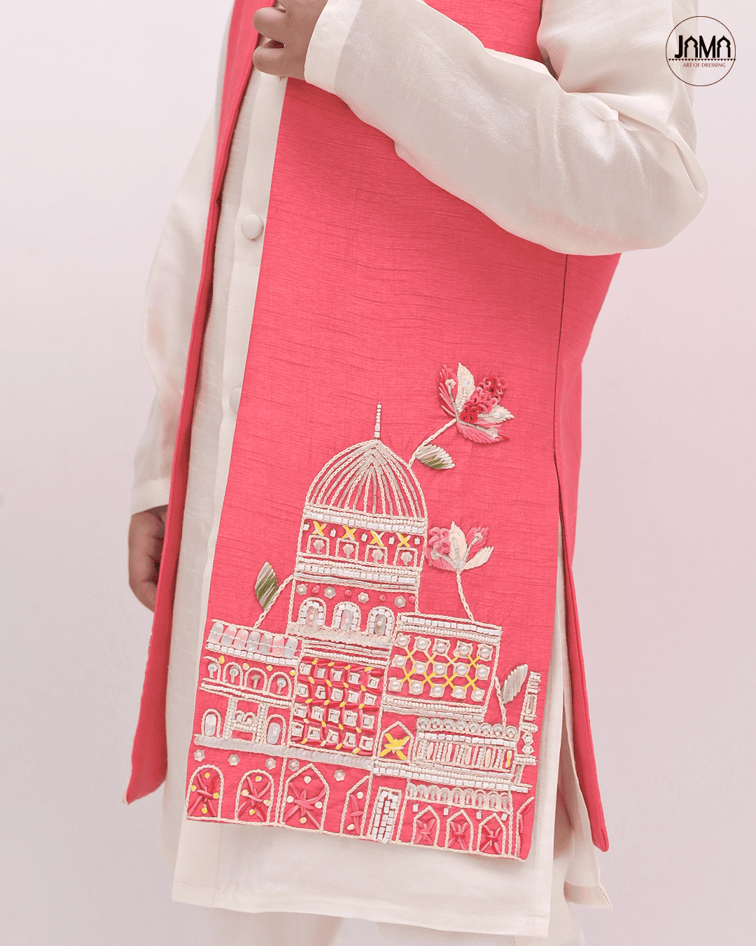 PINK KURTA AND WHITE PANT WITH JACKET
