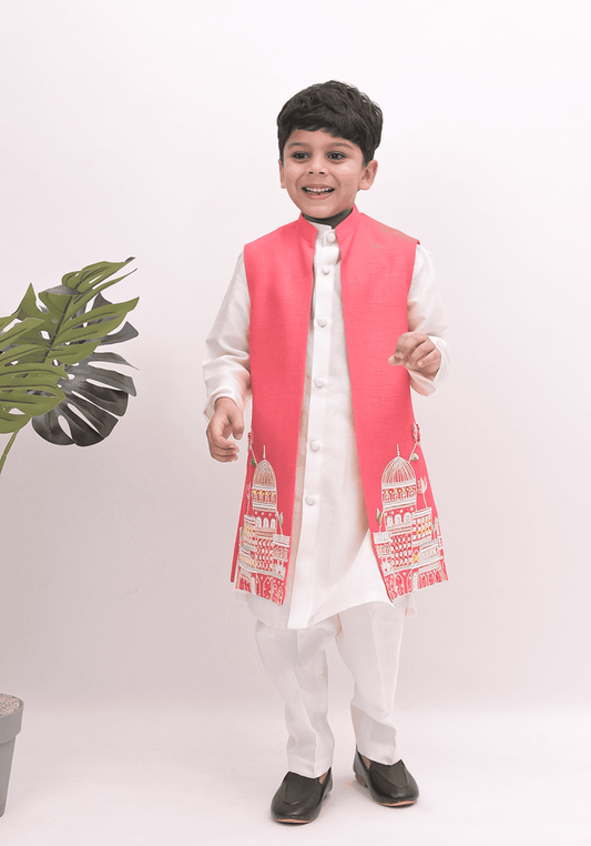 PINK KURTA AND WHITE PANT WITH JACKET
