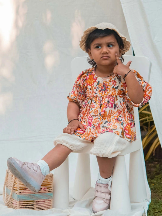 Beige Puff Sleeve Pleated Baby Girl Cotton Co-Ord Set