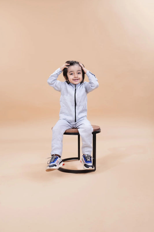 Jacket Styled Solid Light Grey Top with Pants Co-ord set