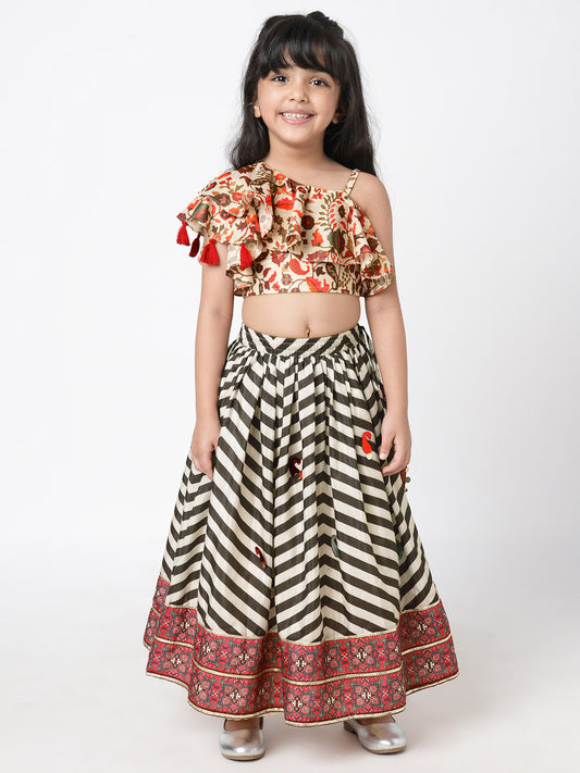 Chromatic Fusion Girls Black & White stripe Hand embroidery Lehanga Choli