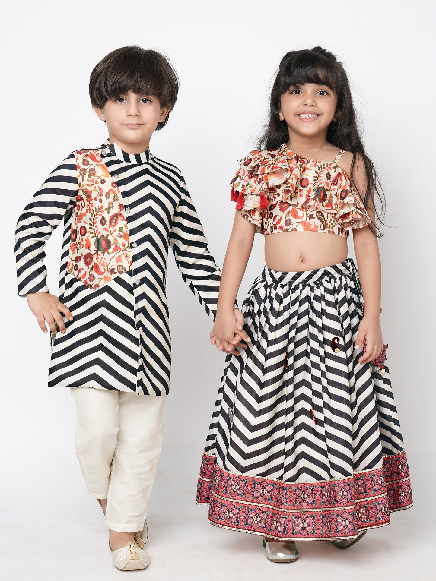 Chromatic Fusion Girls Black & White stripe Hand embroidery Lehanga Choli