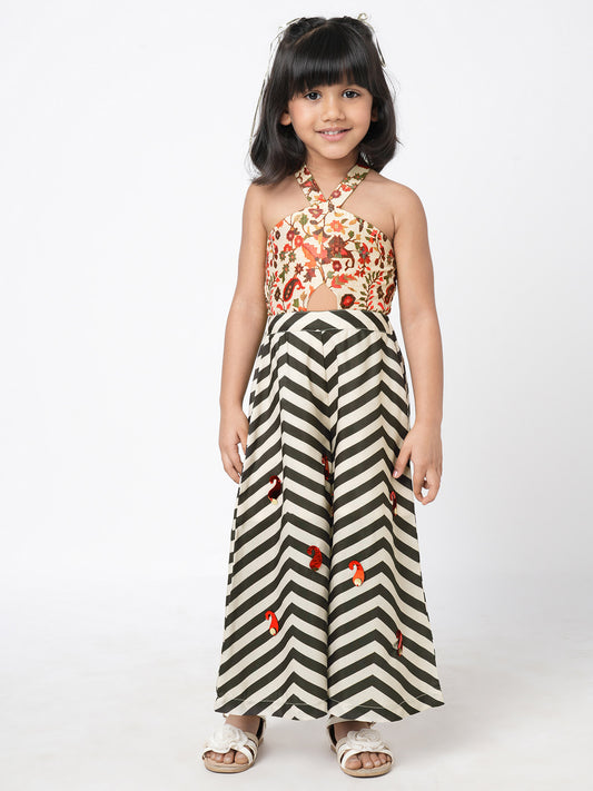 Chromatic Fusion Girls Black & White stripe Hand embroidery Jumper