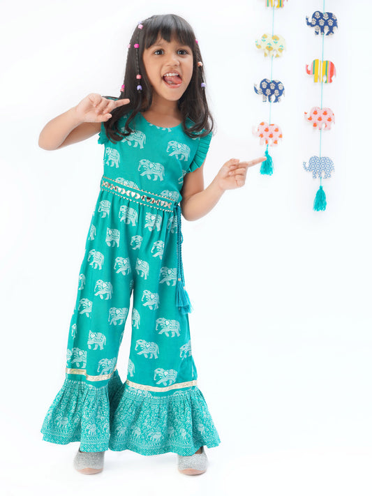 Trunk Tales Girls Green Jumper with Flared Bottom