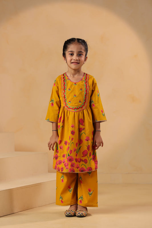 GIRL GENDA PHOOL PRINT KURTA SET-MUSTARD YELLOW