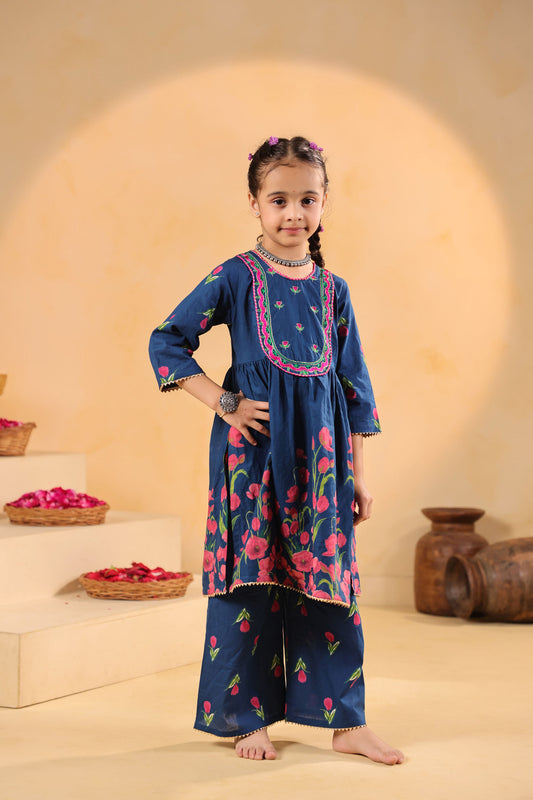 GIRL GENDA PHOOL PRINT KURTA SET-TEALBLUE