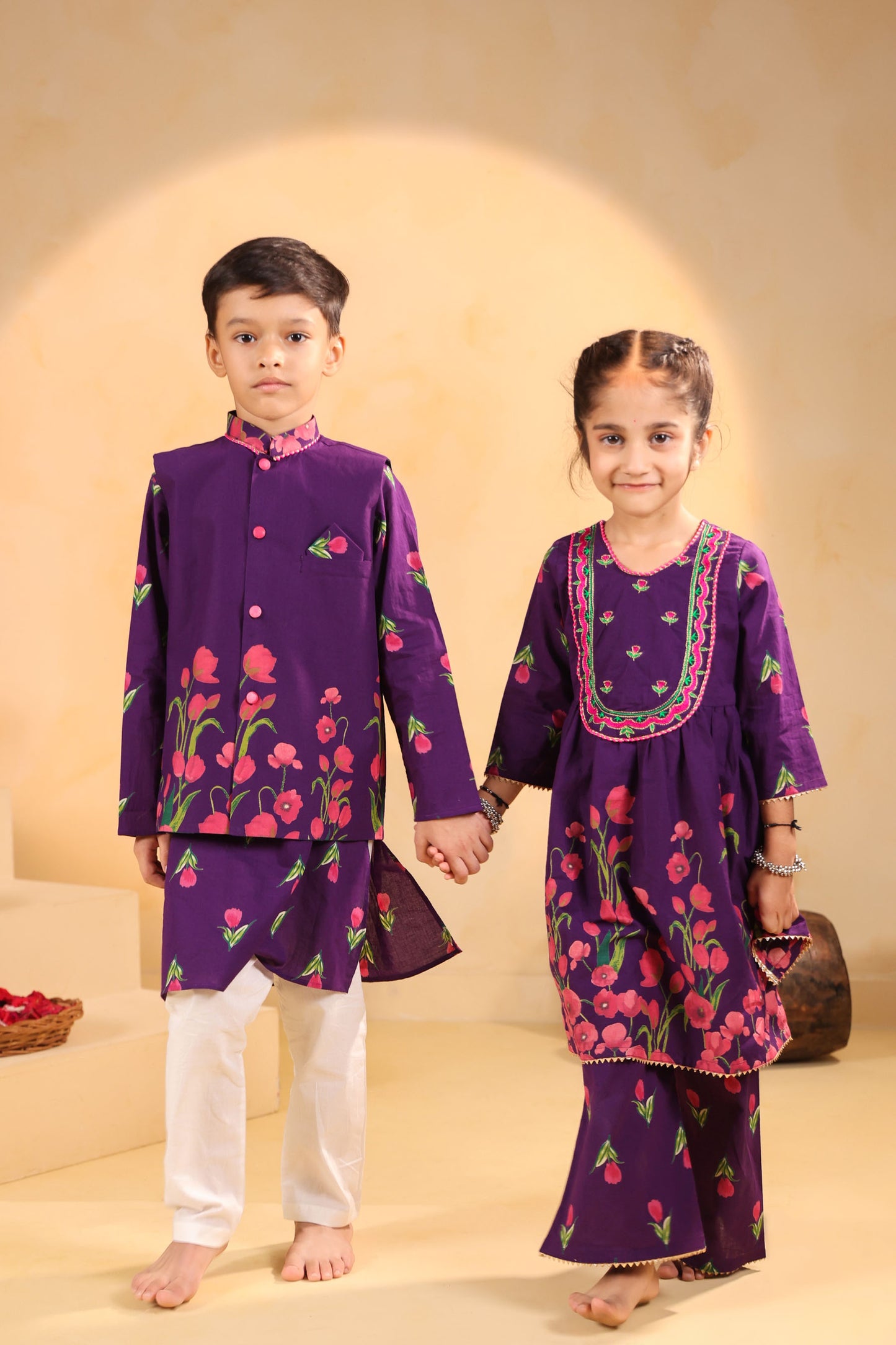 GIRL GENDA PHOOL PRINT KURTA SET - PURPLE