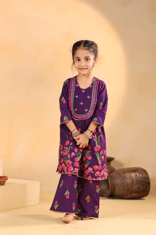 GIRL GENDA PHOOL PRINT KURTA SET - PURPLE