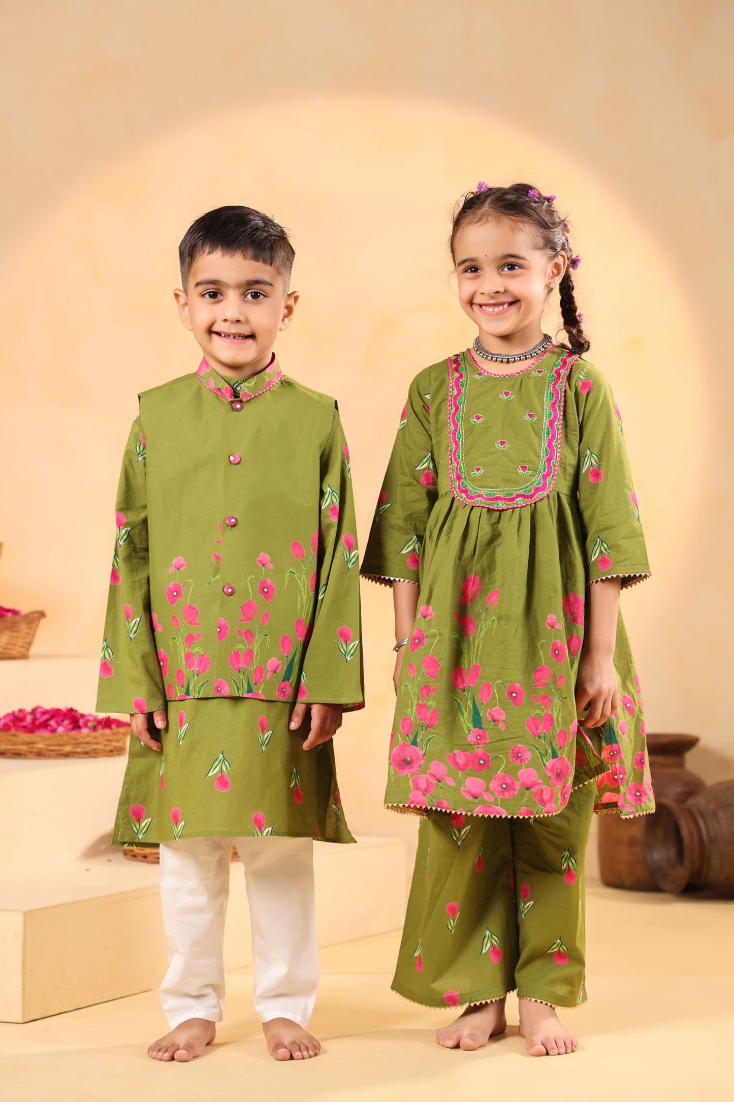 GIRL GENDA PHOOL PRINT KURTA SET-MEHANDI GREEN