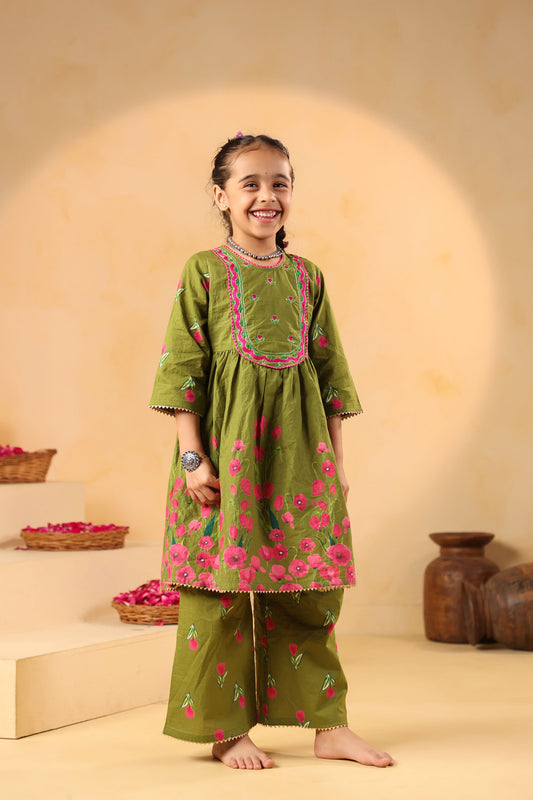 GIRL  GENDA PHOOL PRINT KURTA SET-MEHANDI GREEN