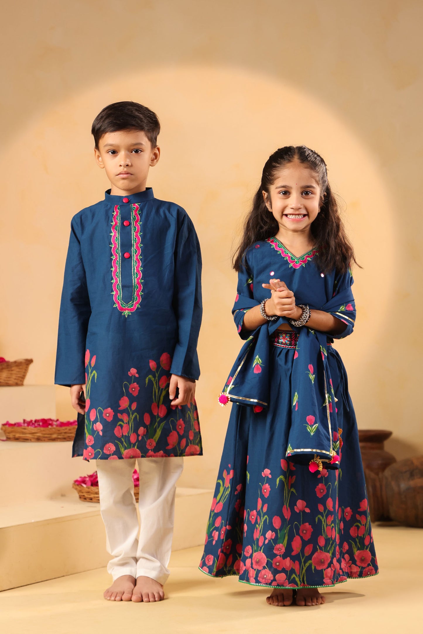 GIRL GULABO FLORAL EMBROIDERED SKIRT SET-TEAL