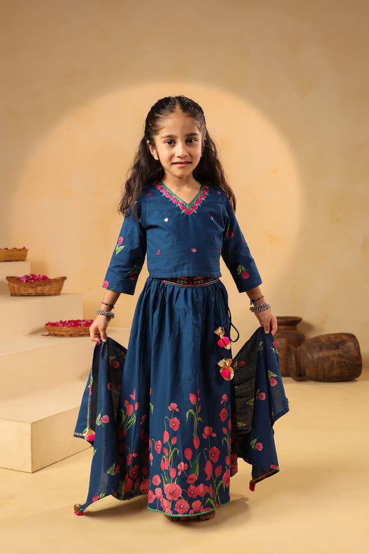 GIRL GULABO FLORAL EMBROIDERED SKIRT SET-TEAL