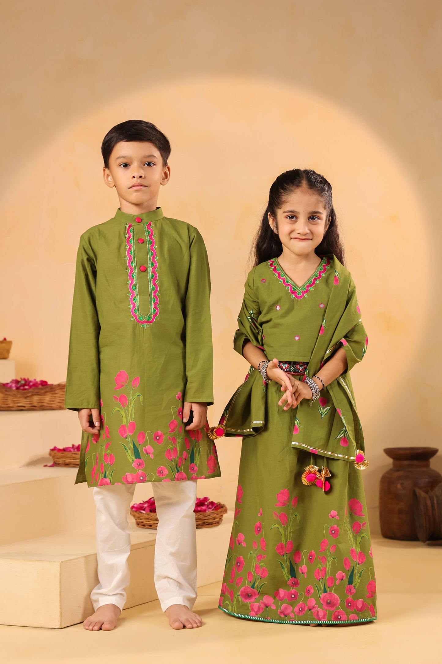 GIRL GULABO FLORAL EMBROIDERED SKIRT SET-MEHANDI GREEN