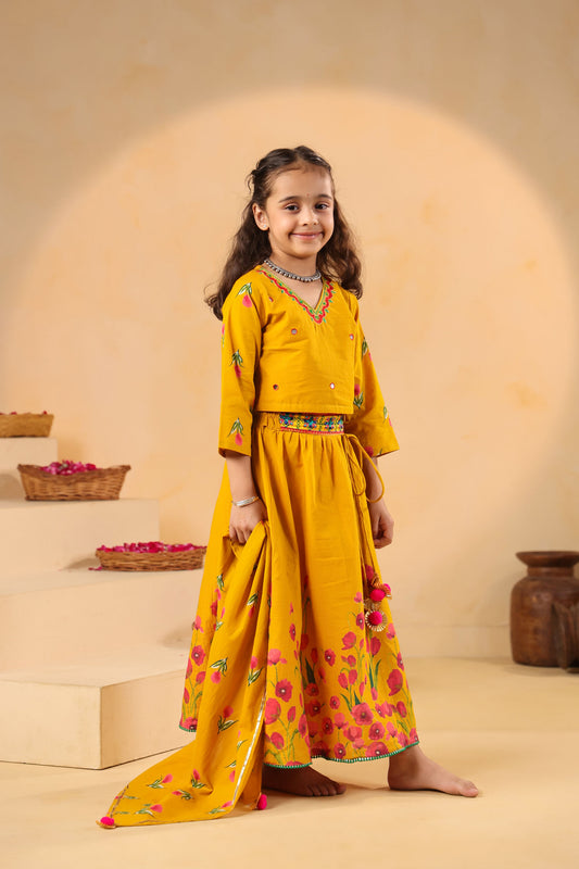GIRL GULABO FLORAL EMBROIDERED SKIRT SET-MUSTARD YELLOW