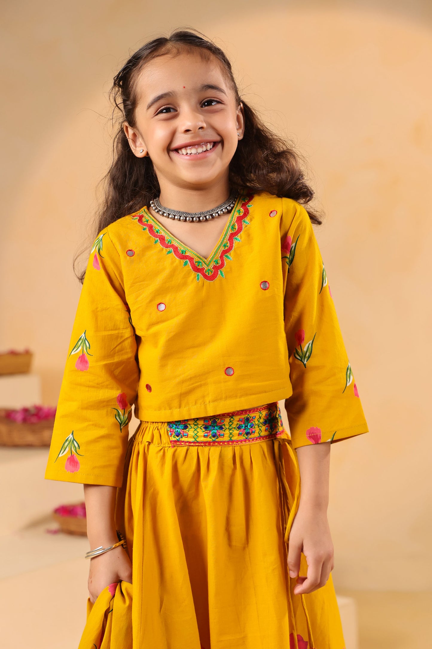 GIRL GULABO FLORAL EMBROIDERED SKIRT SET-MUSTARD YELLOW
