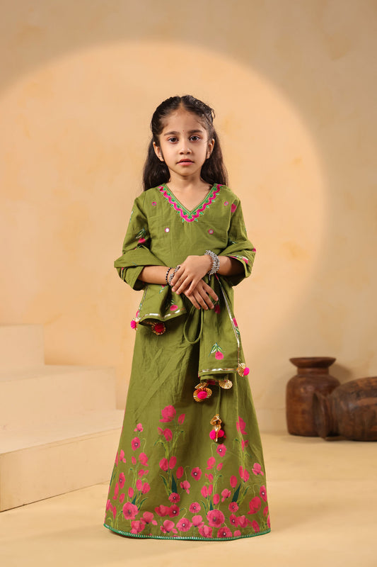 GIRL GULABO FLORAL EMBROIDERED SKIRT SET-MEHANDI GREEN